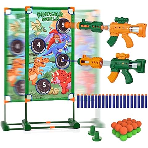 Bewegliche Zielscheibe Set, Dinosaurier Schießspiele Spielzeug für Kinder ab 5 6 7 8 9 +Jahre Junge, 2 Popper Pistole 24 Schaumstoffbälle 20 Schaumstoffpfeile, Kindergeburtstag Spiele Geschenk Draußen Cover