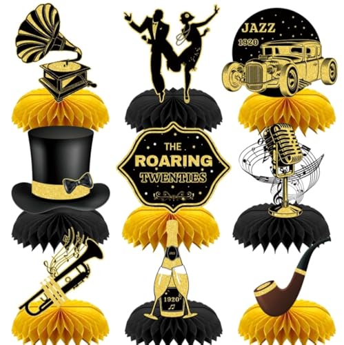 INRUI 9 Piezas Centros de Mesa Panal Años 20 Decoraciones de los años 20 en negro y dorado Fiesta de Mesa con Tema Musical Vintage Suministros