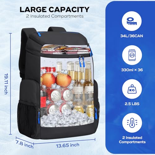 Image of Maelstrom Insulated Cooler Backpack, 36 Can Soft Cooler Ice Chest Bag | Double Compartment, 16H Cold, Leakproof, Bottle Opener, Waterproof, Lightweight, for Beach, Travel, Camping, Picnics, Hiking