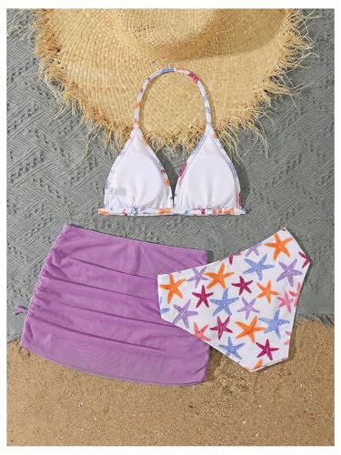 Image of RoseSeek Girl's 3 Piece Cute Bowknot Bathing Suit Halter Triangle High Waisted Swimsuit with Beach Cover Up Skirt