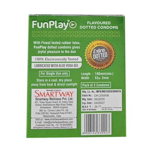 Image of Funplay Aloevera Dotted Condoms 3 PCS | Textured Latex Condoms with Dots | Aloevera Lubricated Surface | Comfortable Fit | Compact and Travel Friendly Pack | For Men