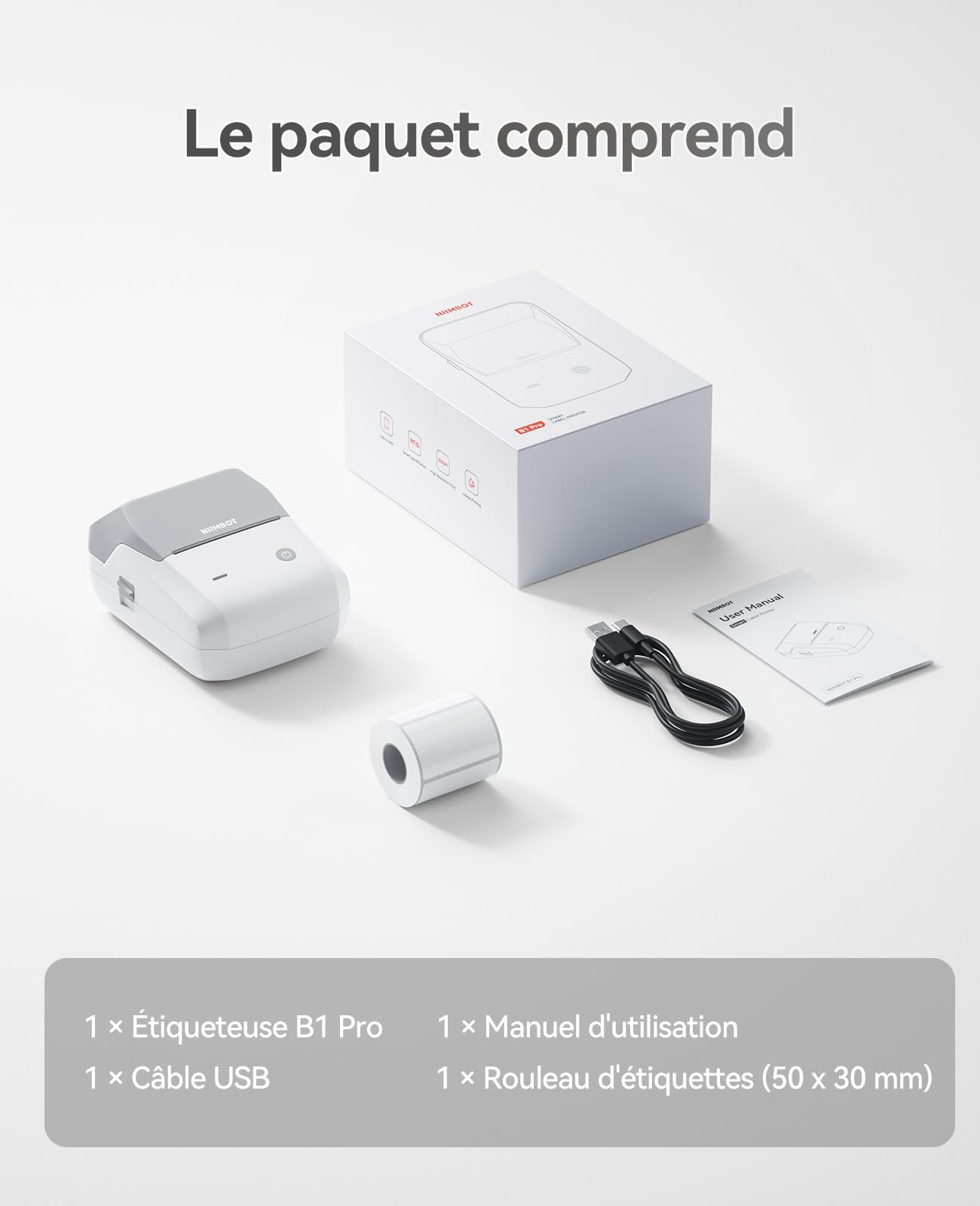 NIIMBOT B1 Pro Étiqueteuse 300 DPI HD, Impression Nuances de Gris et Rouge/Noir, Multi-Connexion, Idéale pour Photos, Magasins, Étude, Petites Entreprises, avec 1 Rouleau 50x30mm Blanc, Sable Clair