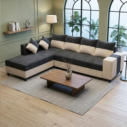 Image of FURNY Sebian Velvet-Suede Fabric 6 Seater LHS Sofa Set (Dark Gray - Cream) | Comfortable & Spacious Seating | Modern Sofa Set for Living Room | Plush Comfort Cushions