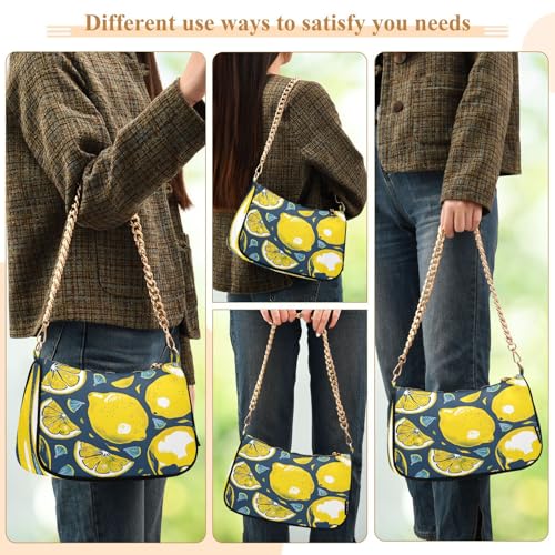 Image of Shoulder Bags for Women Vintage Yellow Lemon Fruit and Blue Print Hobo Tote Handbag Small Clutch Purse with Zipper Closure
