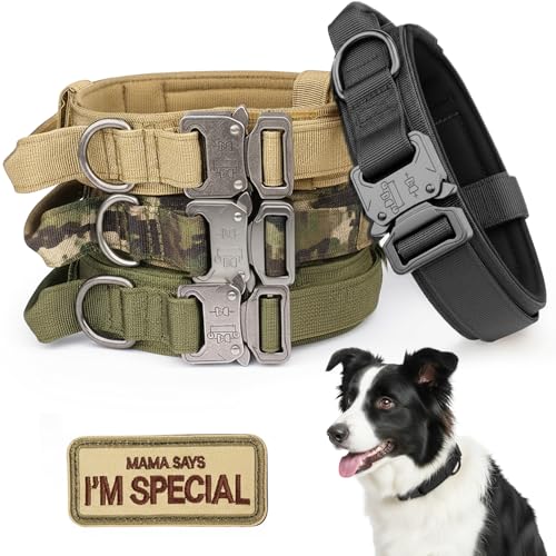 KCUCOP - Collare tattico per cani, stile militare, con toppa speciale spessa con manico, K9, regolabile, con fibbia in metallo resistente, per cani di taglia media e grande (nero, L)