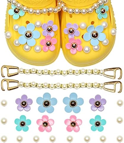 Flower Shoes Charms for Girls & Women Shoe Charms for Croc Bling Shoe Decoration With Chains for Clog Sandals Kawaii Shoe Accessories for Adults Kids Teens