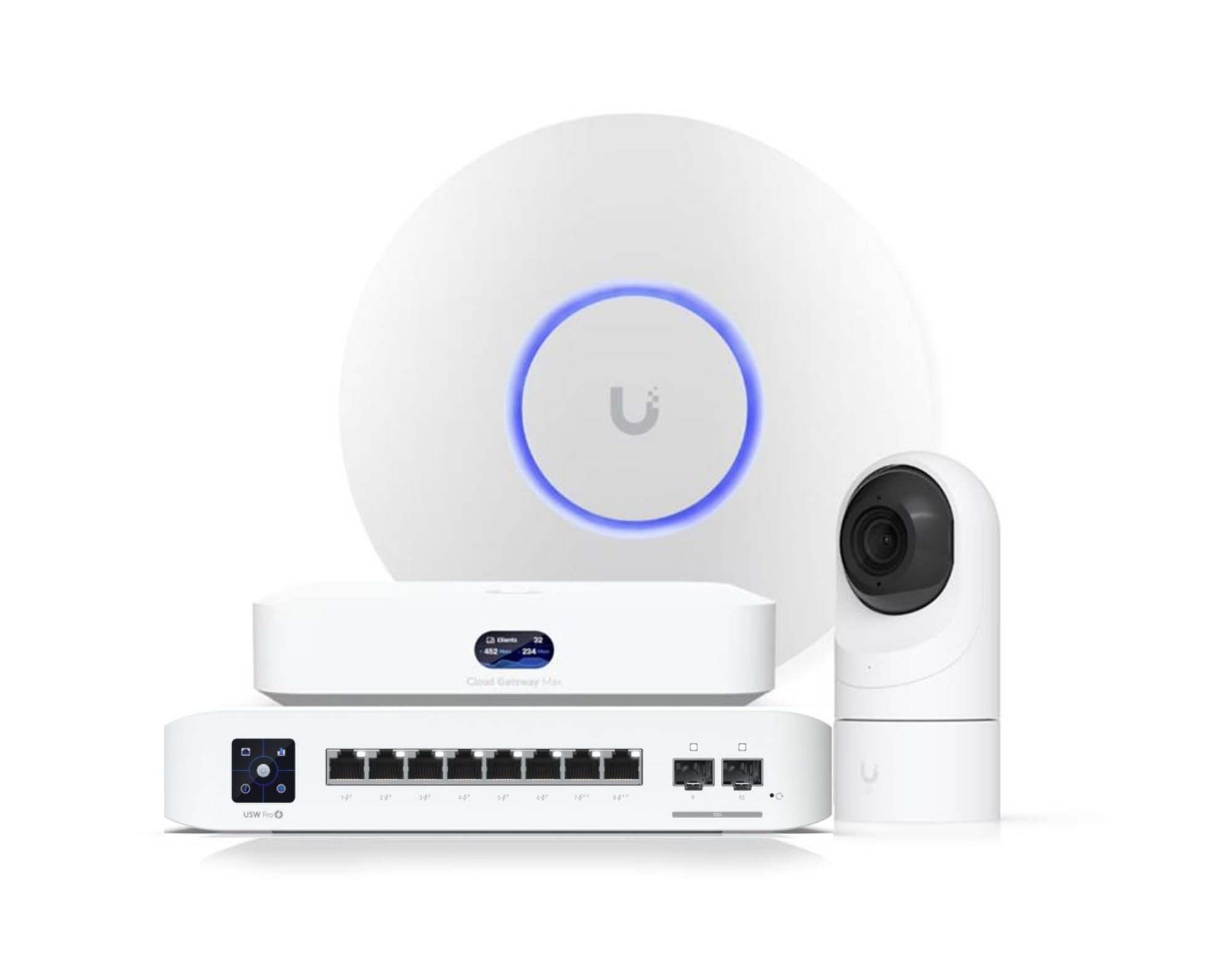 Paquete de red y seguridad Ubiquiti – Cloud Gateway Max, Punto de acceso WiFi 7, Switch 8 puertos L3 PoE+/PoE++, Cámara PoE 2K G5 Flex – Kit de conectividad y vigilancia profesional