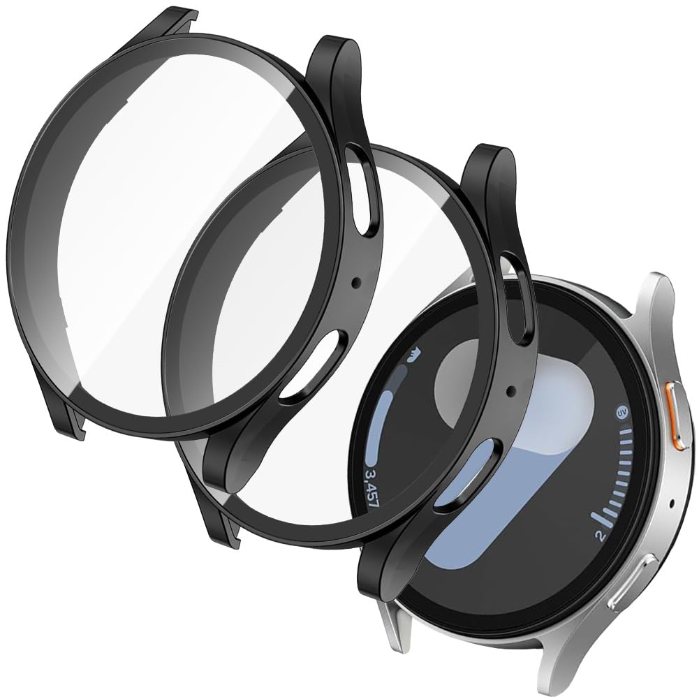 OFFCUP Case with Screen Protector for Samsung Galaxy Watch 7 44mm, Overall Protective Cover, Built-in Tempered Glass Film High Sensitivity, 2 Pack (Black)
