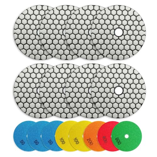 Tampons de polissage diamantés secs pour granit et marbre - Lot de 8 disques 10,2 cm