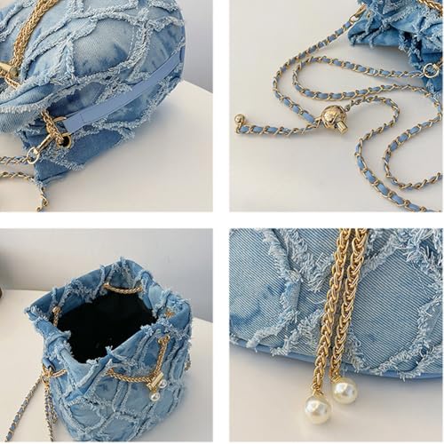 Image of Small Denim Bucket Bag, Jean Purses for Women Denim Crossbody Bags Hobo Bag Drawstring Handbag