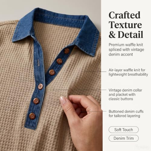 Waffle Knit Tops for Women Denim Patchwork Long Sleeve Collar Neck Tops | Henley Shirts for Women, Soft, Long Sleeve,Collared, Comfy, Casual, Work, Lounge, Workout, Travel, Fall Clothes for Women - image 4