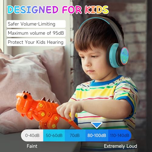 IFECCO Kids Wireless Headphones with Microphone,Children Boys Bluetooth Headphones with Case,LED Lights Dinosaur Kids Headphones for iPad/Children's Tablet/Smartphone/School - Image 2