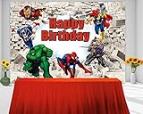 REAGTUGHT 5x3ft Cartoon Superhero Birthday Party Backdrops White Brick Wall Photography Backdrops Boys Kids Children Super Hero Photo Background Baby Shower Cake Table Decoration Banner Booth Props