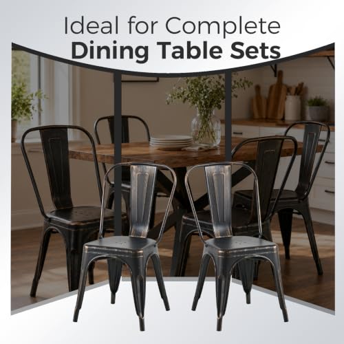 Image of Metal Dining Chairs with Back, Stackable, Distressed Black, 12 Pack | Easy Assembly, Non-Slip Feet, 330 lb Capacity, Kitchen, Restaurant, Cafe, Pub, Covered Patio