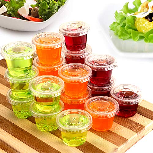 Image of TashiBox 1oz-100 Sets Plastic Disposable Jello Shot Cups with Lids /Souffle Portion /Sauce Salad Dressing /Condiment Cups, 100 pack Clear Plastic Disposable Food Containers with Lids (1 Ounce)