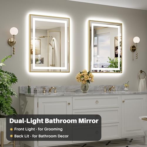 Image of 28x36 Inch LED Bathroom Mirror with Gold Frame, Backlit & Front Lit, Anti-Fog Lighted Bathroom Vanity Mirror for Wall, Memory Function, Dimmable, HD Tempered Glass, Shatter-Proof