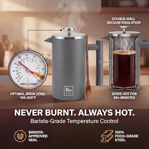 Image of Barista Warrior French Press Coffee Maker - Double-Wall Stainless Steel Insulated French Press with Built-In Thermometer, Dual Filters Coffee Maker with Wooden Spoon - Grey