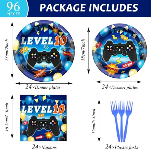 Image of 96Pcs Level 10 Plates and Napkins Sets Level Up 10 Unlocked Birthday Decorations 10th Birthday Plates for Boys Video Game Supplies 10th Blue Gaming Pattern Design Party Favors for 24 Guests