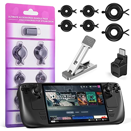 Le kit d'accessoires pour Steam Deck, zerotop 8 in 1 Steam Deck Accessoire Pack, 6 Capuchons de Manette, Des Pinces de Stabilisation de Manette pour Steam Deck, 1 béquille et 1 Adaptateur de type C Cover