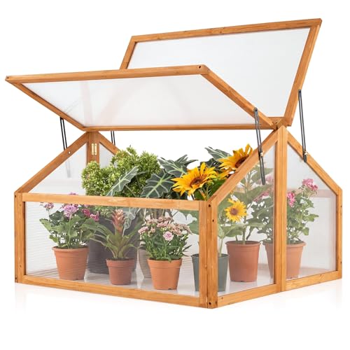 Ginatex Wood Cold Frame Greenhouse, Portable Raised Flower Planter Protection with Transparent Openable Roof, Small Indoor Outdoor Hot House for Garden Sunroom Balcony, 36”x33”x23”