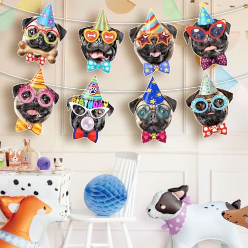 Image of Pug Birthday Garland - Photographic Pug Faces Birthday Banner, Funny Pug Bday Party Decoration for Pug Lovers, Pre-Strung & Ready to Hang, Reusable Pug Party Decor