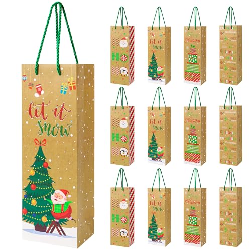 12PCS Christmas Wine Gift Bags Premium Kraft Paper Bottle Cover Wrapping Bags Bulk with Handles Gift Tags Reusable Holiday Wine Tote for Gifts Xmas Party Favours New Year Champagne Whiskey Liquor(Brown)