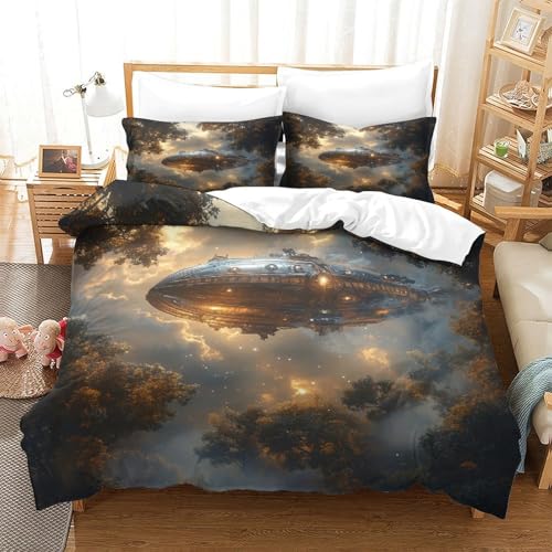 Housse de couette dirigeable steampunk 3D anti-acarien lit 140x200cm - 3