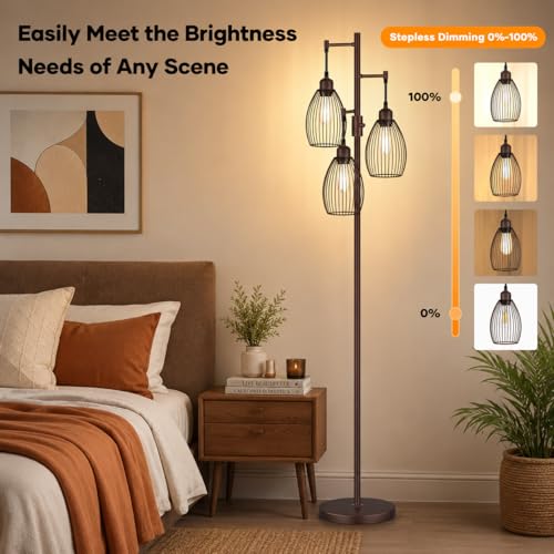 Image of Nintiue Dimmable Floor Lamp,3x800LM LED Bulbs Included, Farmhouse Industrial Floor Lamp Standing Tree Lamp with Teardrop Cage Head Tall Lamp for Living Room Bedroom Office Dining Room - Matte Brown
