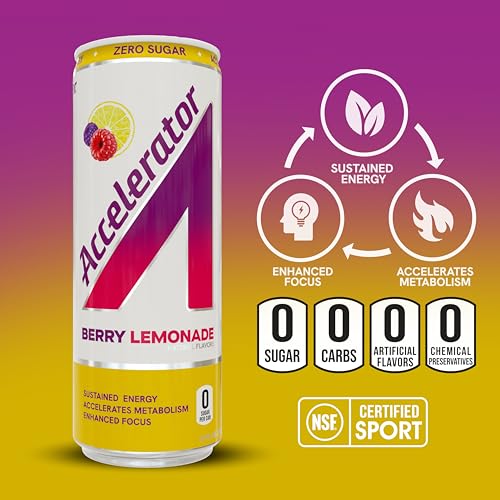 Image of Accelerator Active Energy Drink, Berry Lemonade 12oz can (12 pack) | Zero Sugar, Sustained Energy from 100% Natural Caffeine (200mg from Green Coffee Bean & Green Tea extract)
