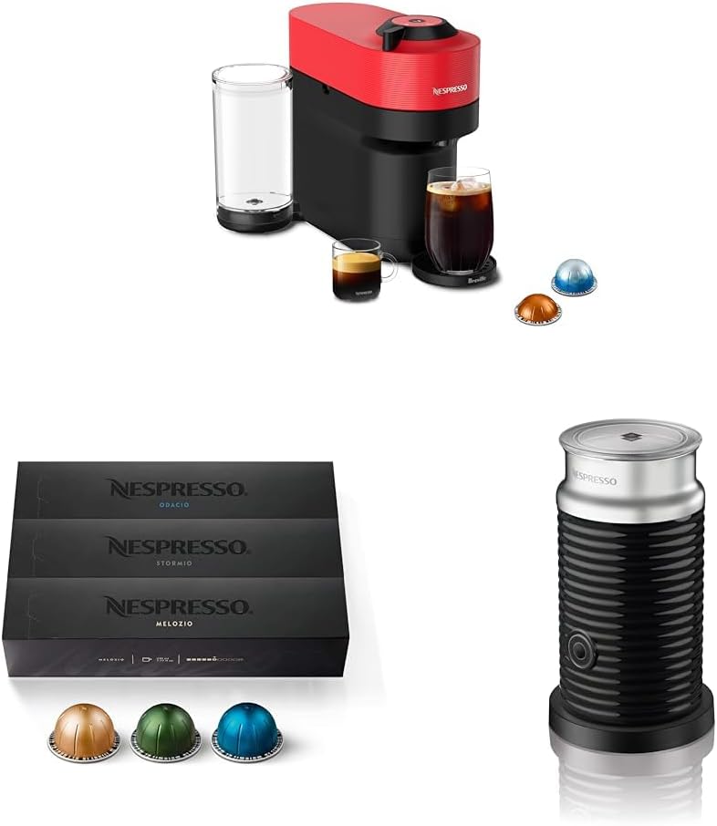 Nespresso Vertuo Pop+ Coffee and Espresso Maker by Breville, Spicy Red with Milk Frother Capsules, Vertuo Line