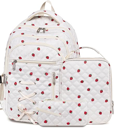 Cute Strawberry Print Backpack with Lunch Box and Pencil Case for Girls Teens Kids for Age 8-10 10-12 12-14 Kawaii Backpack for Elementary Middle High School Bookbag Mochila Para Niñas