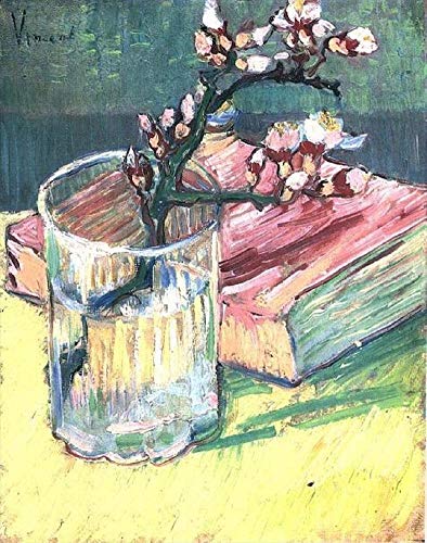 Dipinto ad olio Handmade £70- £1500 da insegnanti universitari - Dipinti su tela - 29 van Gogh Arte a olio - Fioritura Ramo di mandorlo in un bicchiere con un libro Vincent van Gogh fiori FRIM2 -Size6
