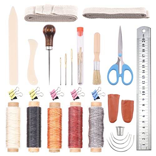 Swpeet Kit per rilegatura, 23 pezzi, tra cui piegacarte in vero osso, punteruolo di carta, aghi a occhio largo, nastro per rilegatura, filo cerato, righello in acciaio, pennello per colla per