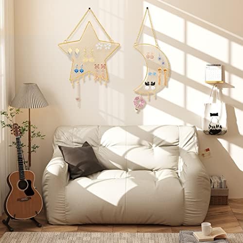 Rolin Roly Hanging Jewelry Organizer Moon Wall Mounted Earring Display Hanger Closet Storage Rack with 7Hooks Metal Gold Mesh Necklaces Bracelets Holder for Girl Women25x30cm