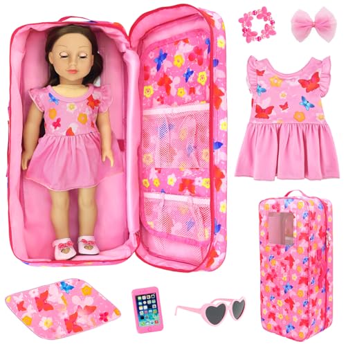 ZITA ELEMENT American 18 Inch Doll Butterfly Design Carrier Case Travel Bag, Crossbody Shoulder Bag Backpack with Accessories: Dress, Sunglasses, Hair Clip, Bracelet and Cushion