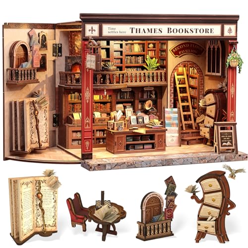 CUTEBEE Book Nook Kit   Casa De Muñecas para Adultos, Librería Británica Encantada, Casa Miniatura DIY con Luces LED, Decoración para Estanterías, Regalo (Thames Bookstore)