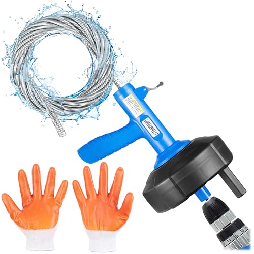 EffektWerk - Drain Auger Drill Attachment with 7.6 m Plumbing Snake, Gloves, Storage Bag - Pipe Clog Remover for Bathtub, Bathroom/Kitchen Sink and Shower Drains - Plumbers/Sewer Cleaners Tool