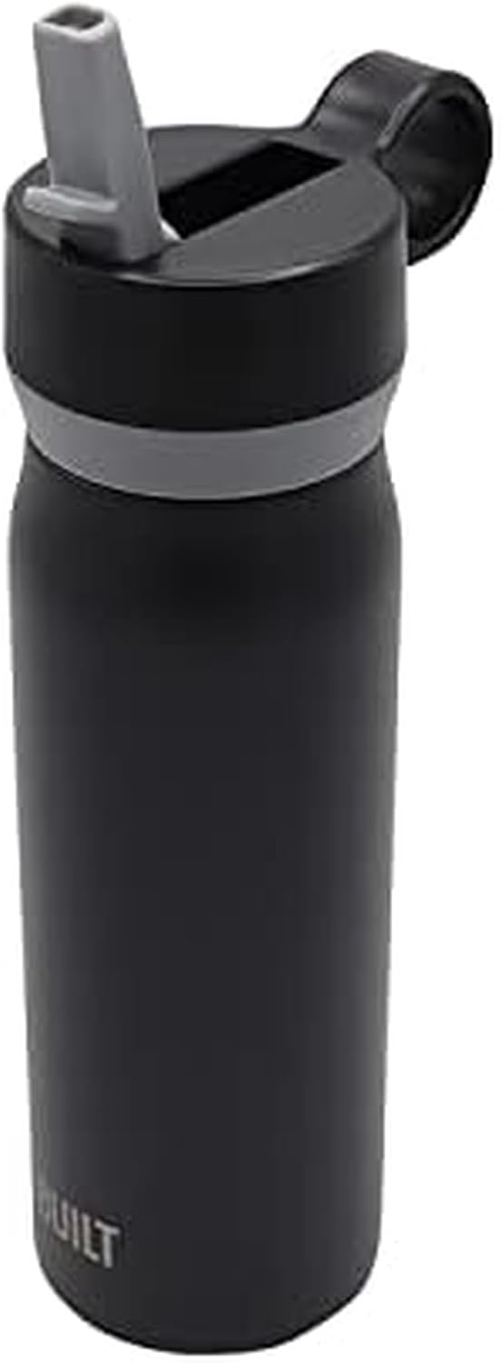 BUILT 20 Ounces Wide Mouth Cascade Double Wall Vacuum Insulated Stainless Steel Bottle with Straw Lid, Black
