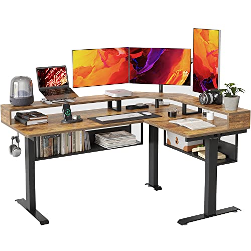 Image of FEZIBO 63 inch L Shaped Standing Desk with Shelves, Large Storage, Triple Motors, Corner Desk with Double Shelves, Rustic Brown