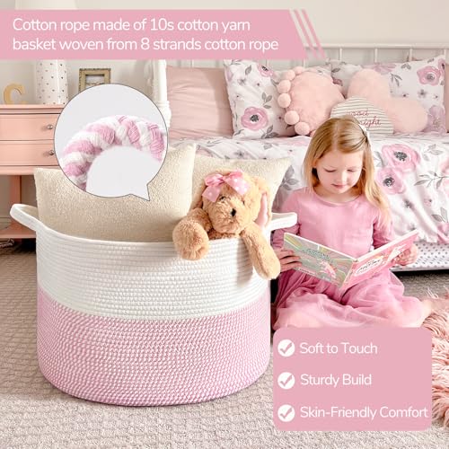 Image of INDRESSME XXXLarge Storage Basket with Handle, Pink Laundry Basket for Nursery Stuffed Animal Storage, Baby Baskets Kids Toy Organizer, 21.7 inch x 21.7 inch x 13.8 inch, Pink