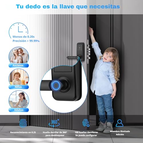 Cerradura Inteligente WIFI - 7 en 1 Cerradura Electronica,Tuya App, IC Card, NFC, Huellas Dactilares, Contraseña Digital, Llave Mecánica,Biometric Smart Door Lock, Bloqueo Automático - imagen 4