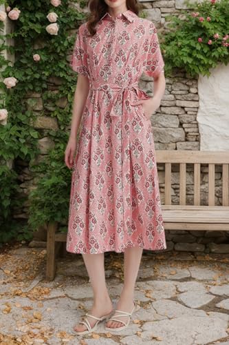 Womens Summer Floral Maxi Dress Short Sleeve V Neck Button Belt Casual Long Flowy Shirt Dress4