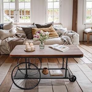 Topower farmhouse double layer iron cart wooden desktop center table industrial style coffee table with wheels for living room bedroom coffee shop black  urban country home decor