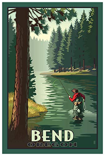 Bend Oregon Fisherman Giclee Art Print Poster from Travel Artwork by Artist Paul Leighton 12" x 18"