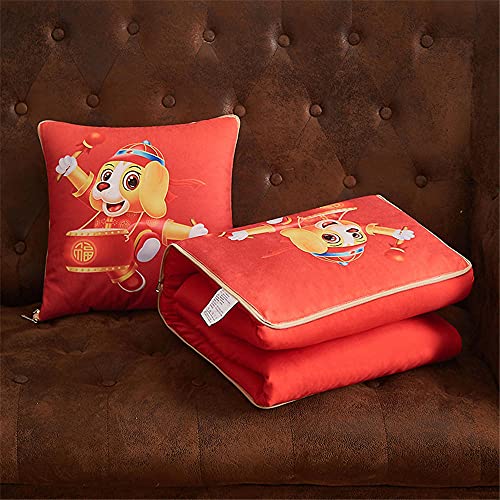 Kissendecke 2 in 1​ Reisedecke Kissen Quilt Multifunktionale Kissen Decke Nackenstützkissen Soft & Warm Nap Mat Kissen für Schlafsofa Bürostuhl (roter Hund) Cover