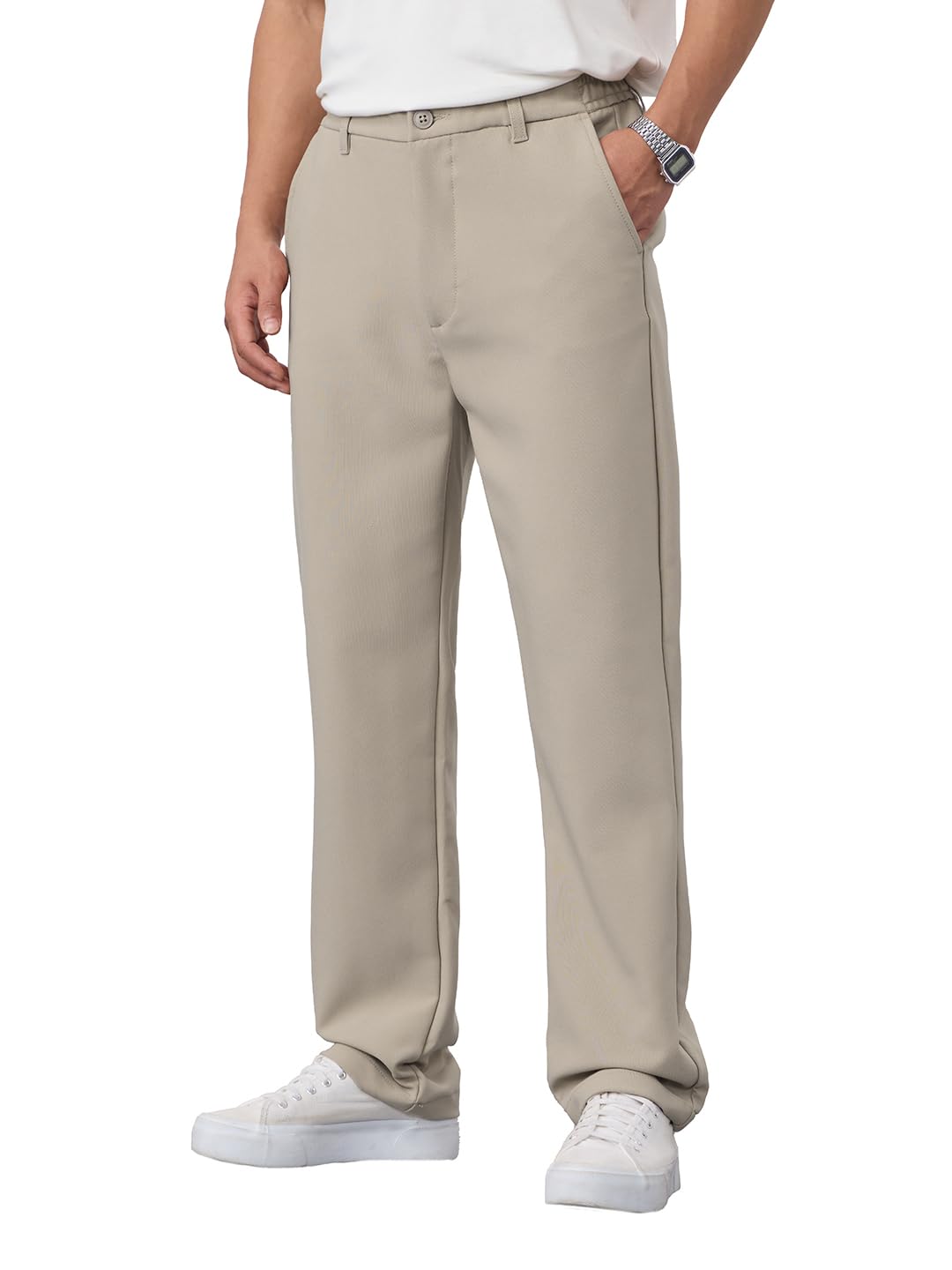 Super Pants: Fawn Men and Boys Buttoned Polyester Blend Solid Classic Fit Super Flex Pants-image-48