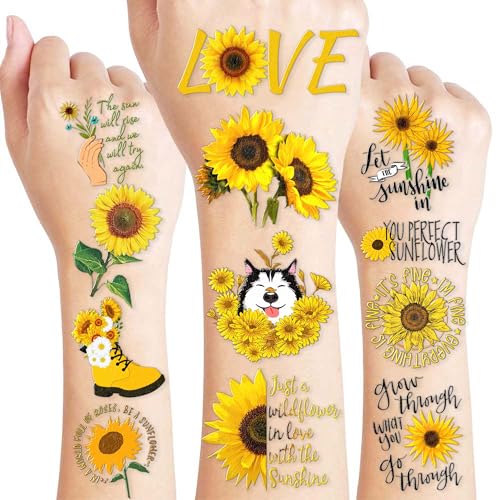 96PCS Yellow Sunflower Temporary Tattoos Themed Garden Birthday Party Decorations Favors Supplies Spring Summer Sun Sunshine Flower Tattoo Stickers Gifts For Boys Girls Kids School Prizes Carnival