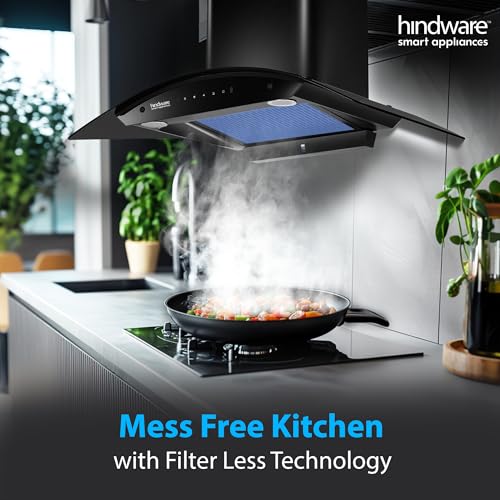 Image of Hindware Smart Appliances | Nadia IN 75 cm Chimney | 1500 CMH |Curved Glass | Filterless | Auto Clean | Touch Control, Motion Sensor | 10 Yrs Warranty on Motor & 2 Yrs on Product (Black)
