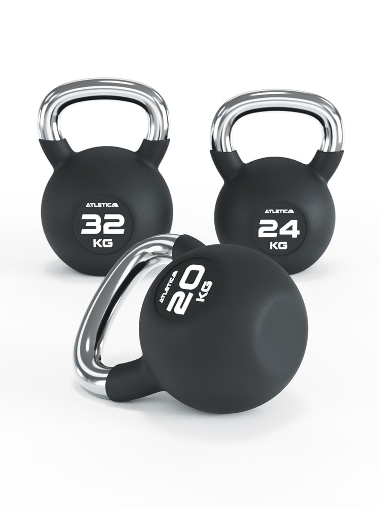 ATLETICA Zestaw Kettlebell | Finisher | 20, 24, 32 kg | gumowane hantle kulkowe z chromowanym uchwytem | wysokiej jakości stop stali | jakość studyjna | trening funkcjonalny całego ciała