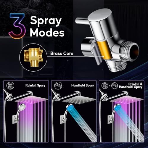 Regadera LED de lluvia 10'' con brazo extensible ajustable y manguera miniatura 6